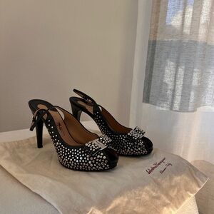 Salvatore Ferragamo Black Studded Slingback Heels